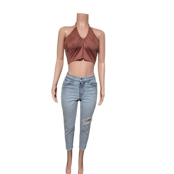 Blashe women's v-neck tie back halter brown cropped top L - Picture 2 of 5